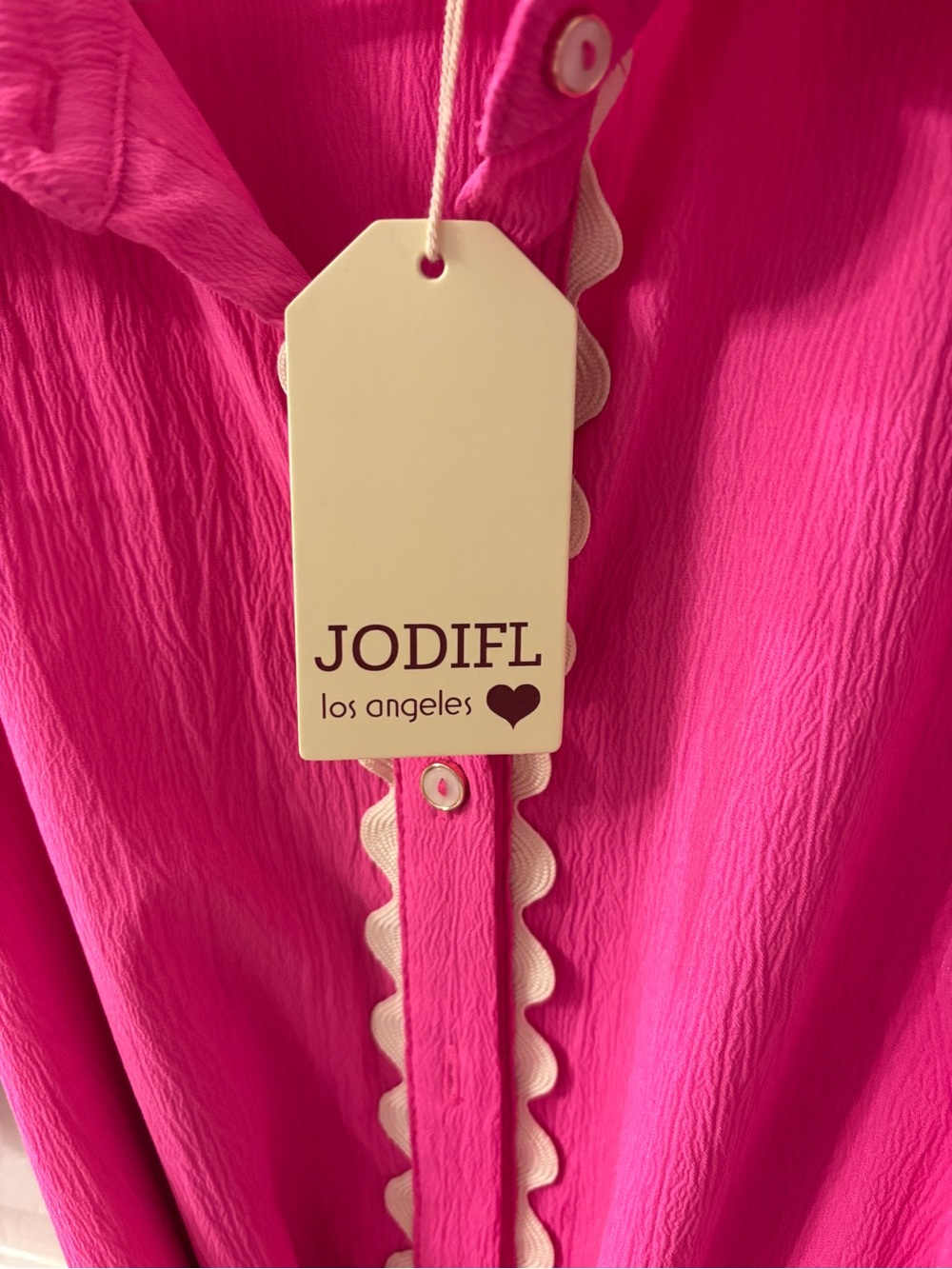 JODIFL Hot Pink Mini Shirt Dress with Cream Scallop Trim - Picture 3 of 6